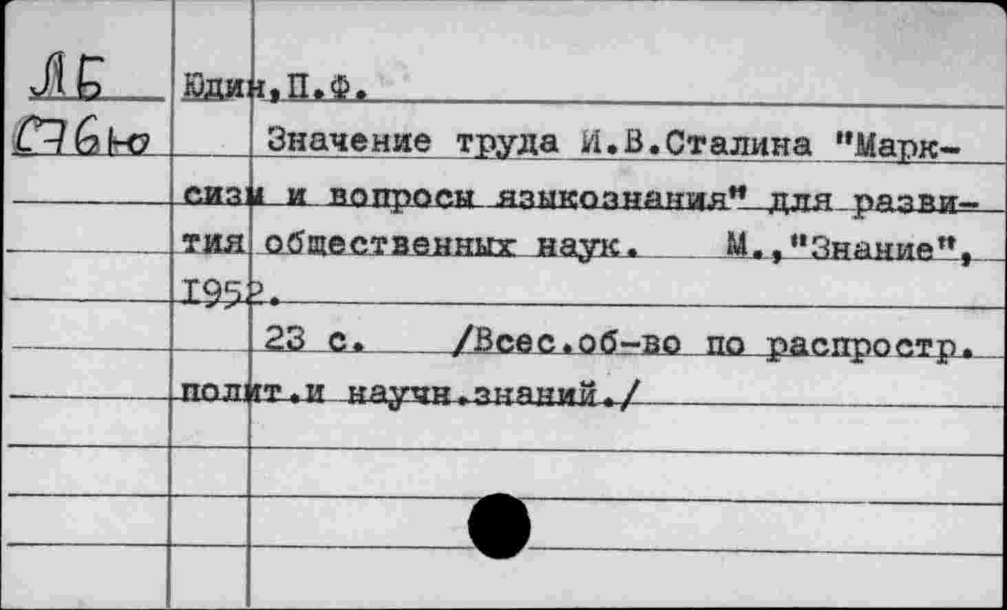 ﻿	ЮДИ:	1 {.П.ф.
		Значение труда И.В.Сталина "Марк-
	сиз: тия Т95	£_и допросы языкознания”.для-разви-общественных наук. М.,«Знание”,
—	ППЯ1	№т «И научн> ЗИЯНИЙ«/
		
	—	
		